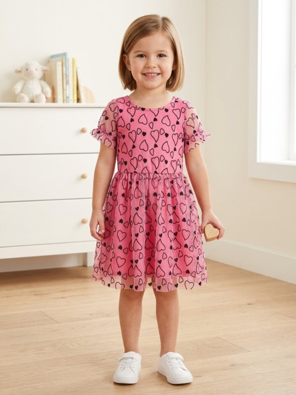 Girls Size 4 Pink Black Heart Mesh Overlay Dress Party Valentine